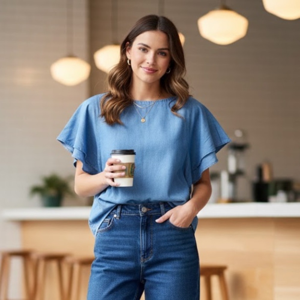 🚨3X$30🚨 Massimo Dutti Denim Blue Flutter Sleeve Blouse